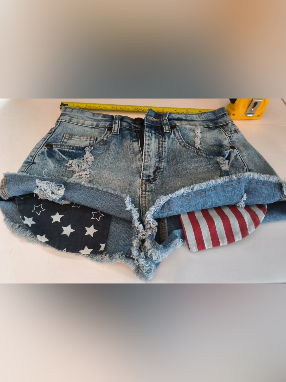 Bluenotes Women's Denim Shorts 25 Distressed USA Flag Frayed Cut Off Festiva